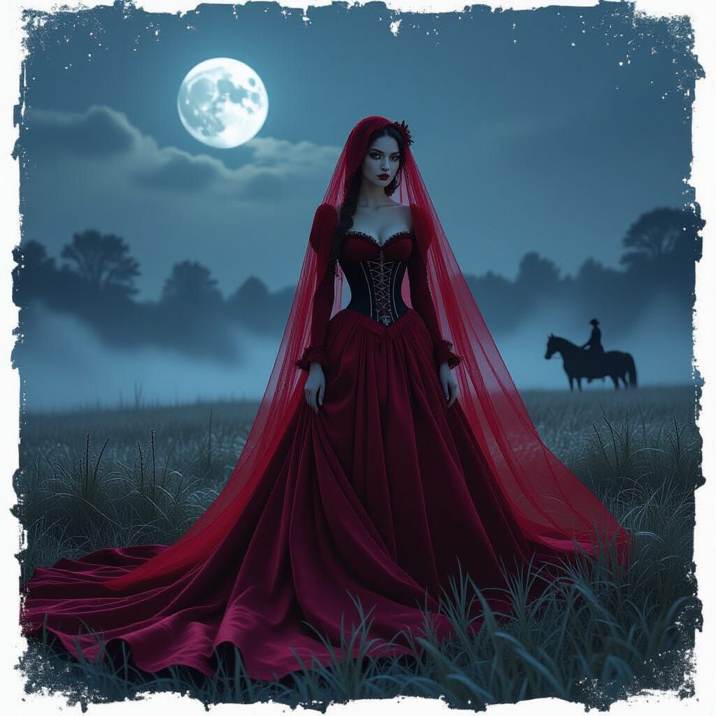Woman in Crimson Gown with Red Veil in Moonlit Field