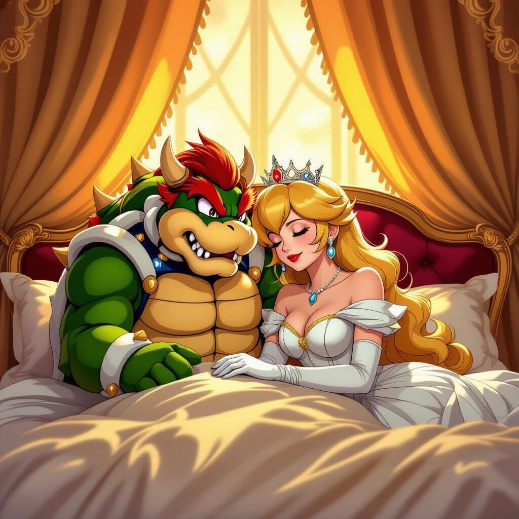 Bowser and Peach in Lavish Bed
