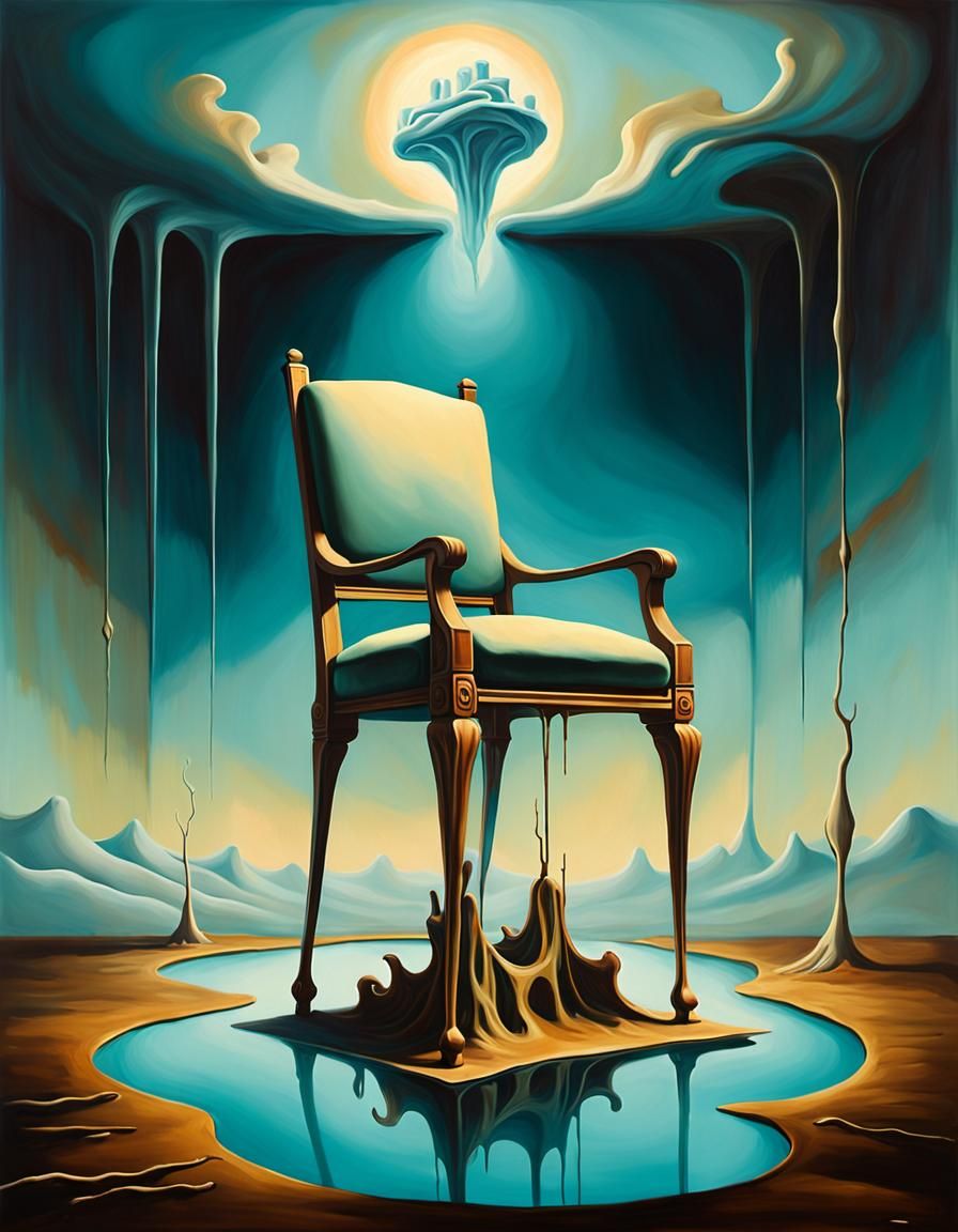 Distorted Chair in Liminal Space: A Surrealist Oil Painting