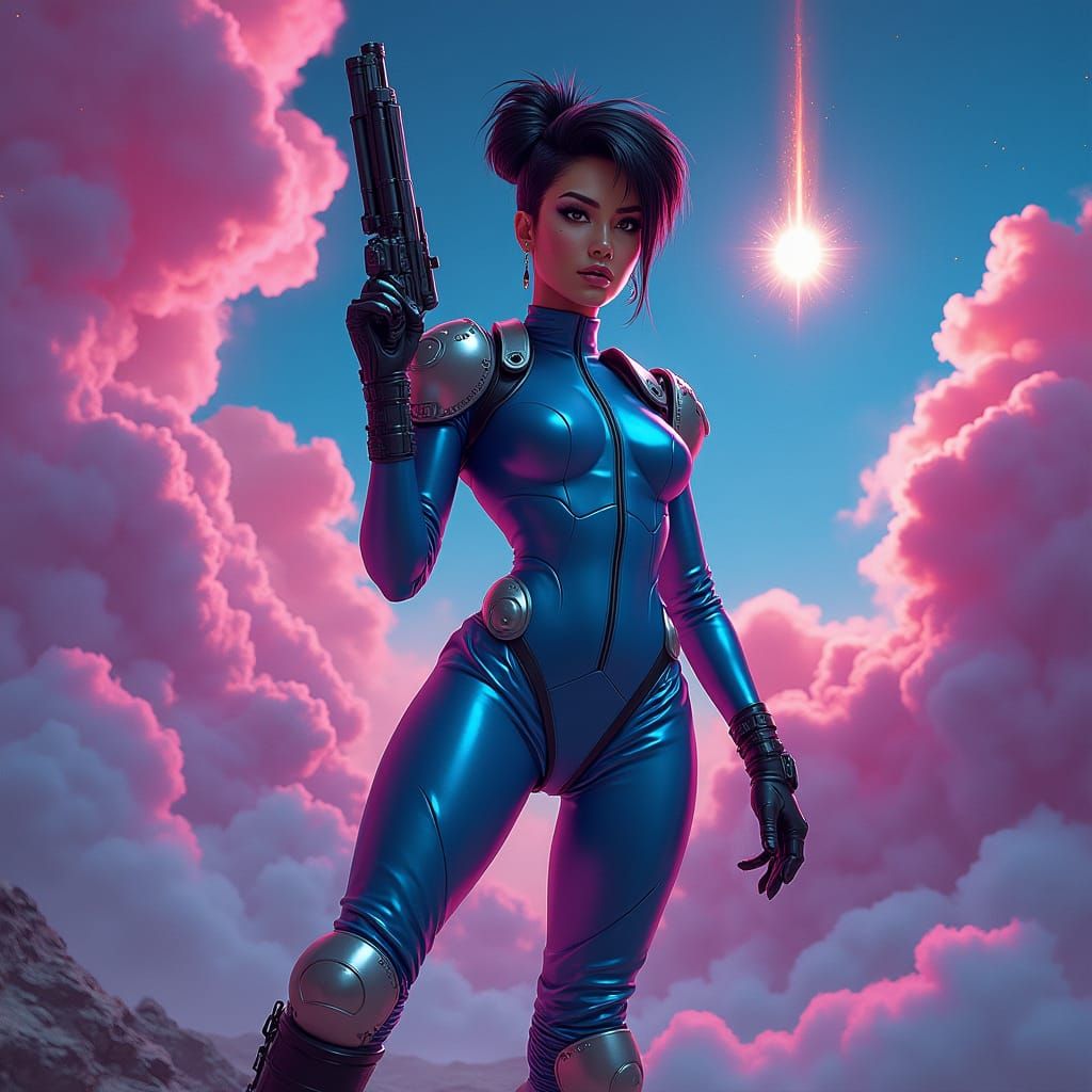 Futuristic Space Heroine with Blaster in Cyberpunk Style