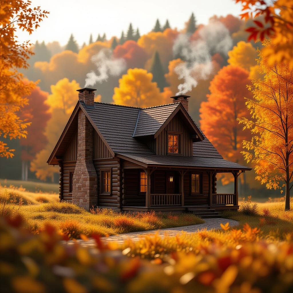 Cozy Rustic House in Autumn Landscape with Bokeh