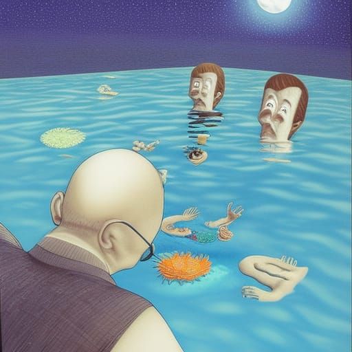 Moon Face Over Pool, in David Wiesner Style