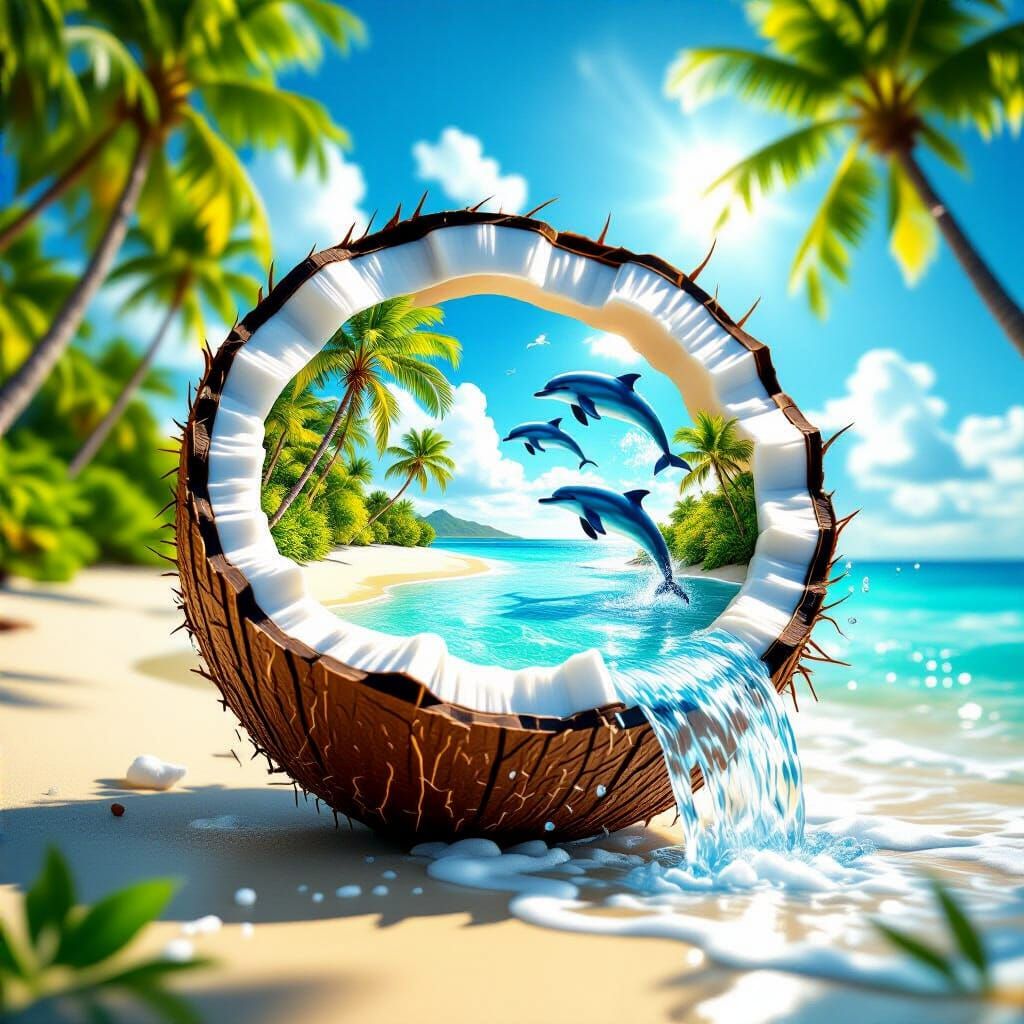 Surreal Tropical Paradise Inside Giant Coconut