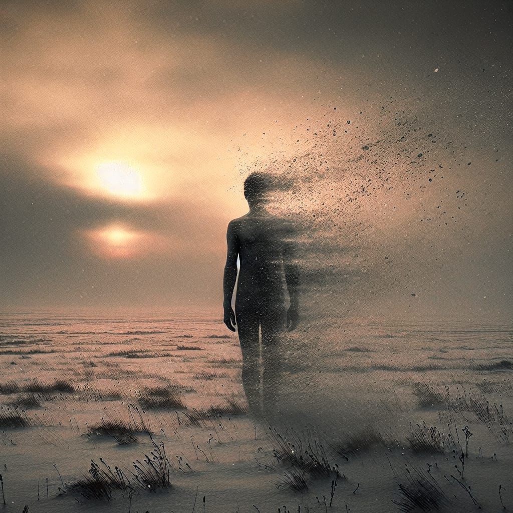 Figure Vanishes into the Empty Sky in Soft Snowfall