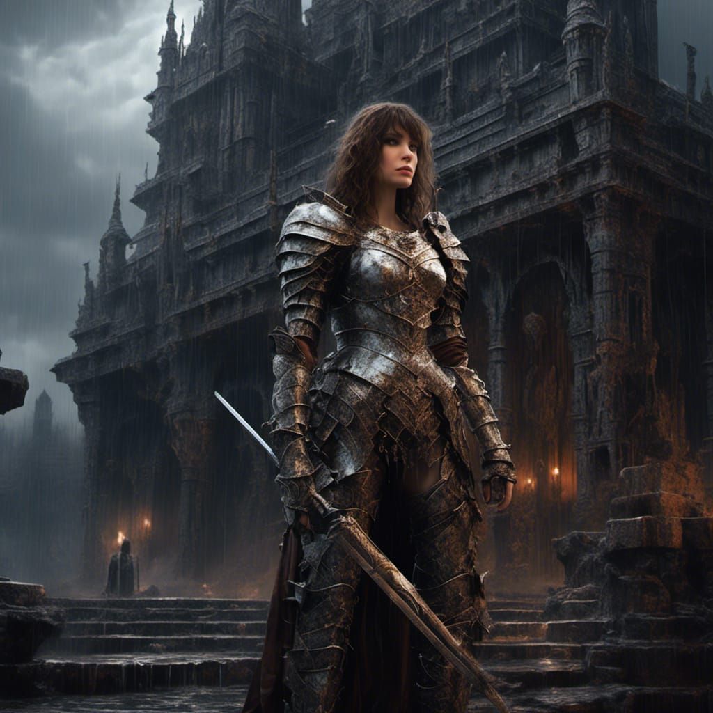 Armored Woman Guarding Mystical Castle in the Rain