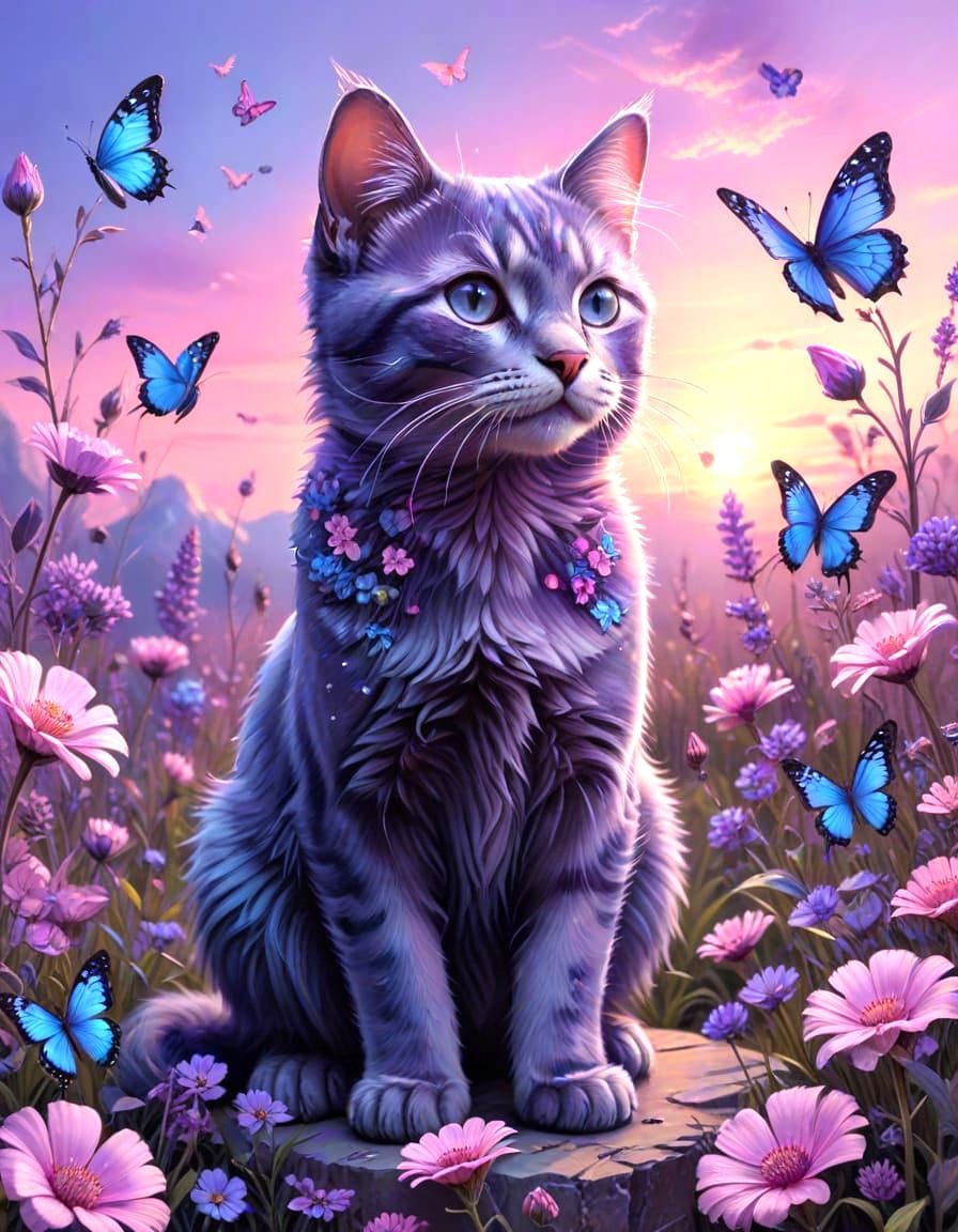 Vibrant Sunset Scene with a Cute Cat and Blooming Flowers