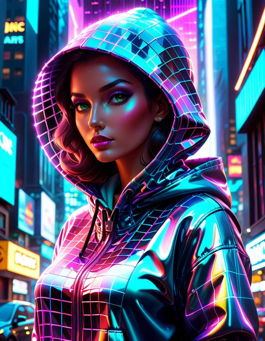 Neon Grid Woman in Holographic Cityscape