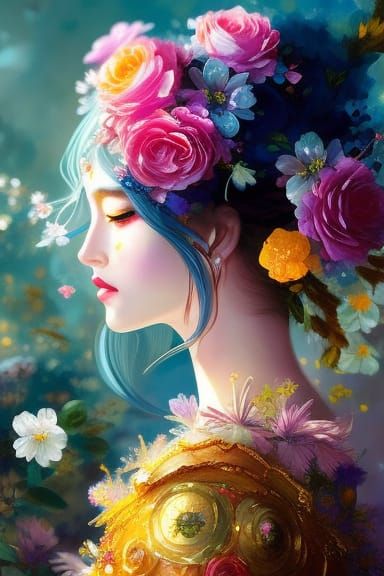 Romantic Solarpunk Flower Princess Oil Portrait