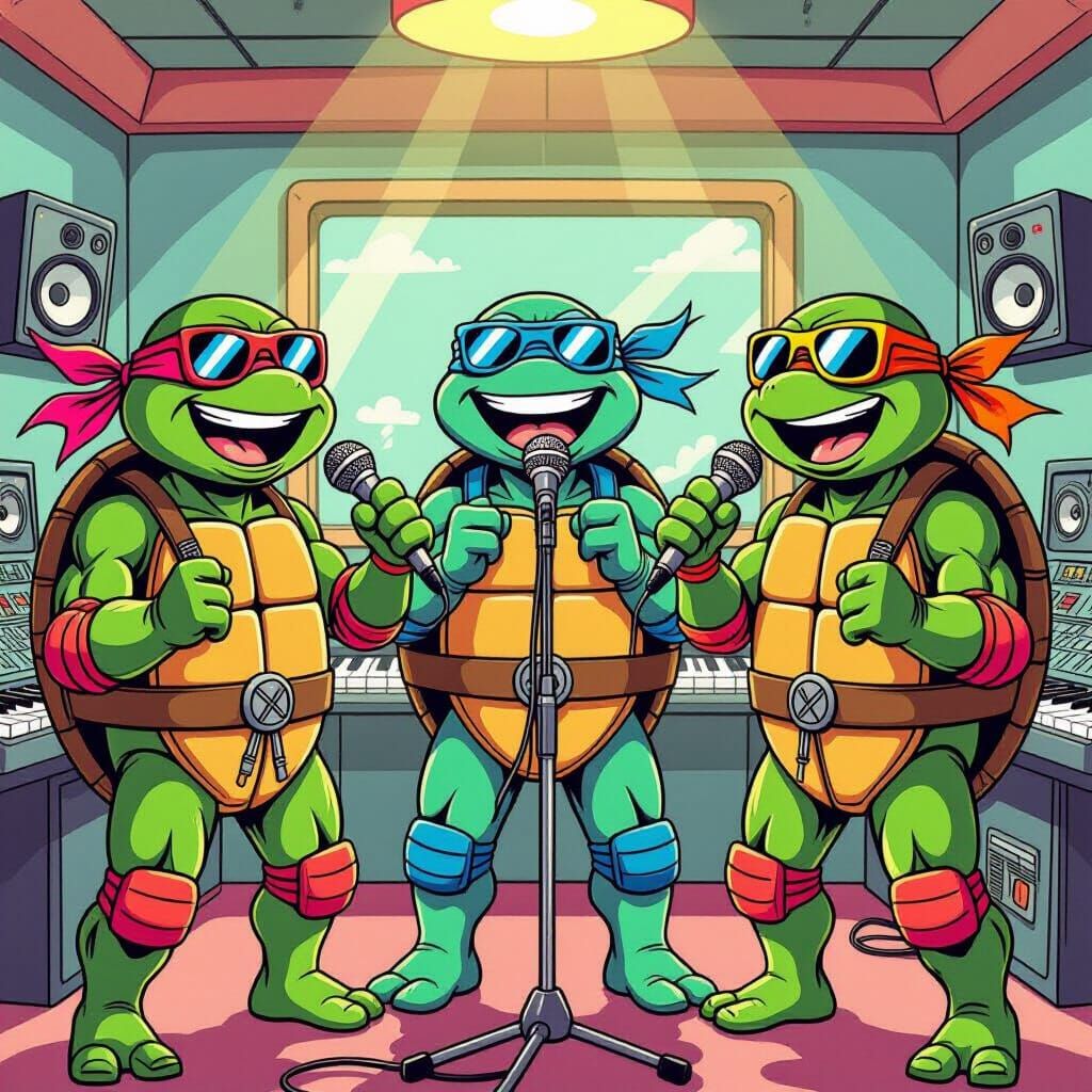TMNT Sing in a Cartoonish 80s Recording Studio