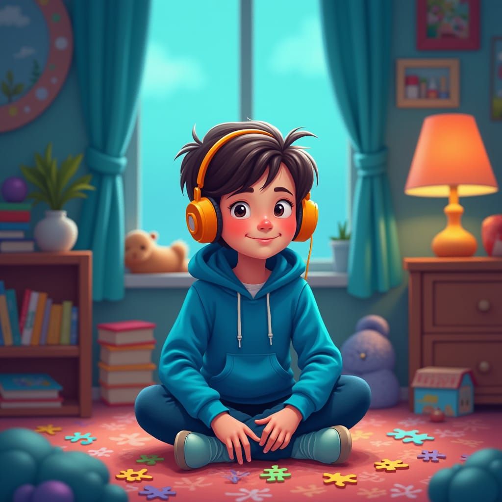 Cozy Digital Painting of Autistic Young Person