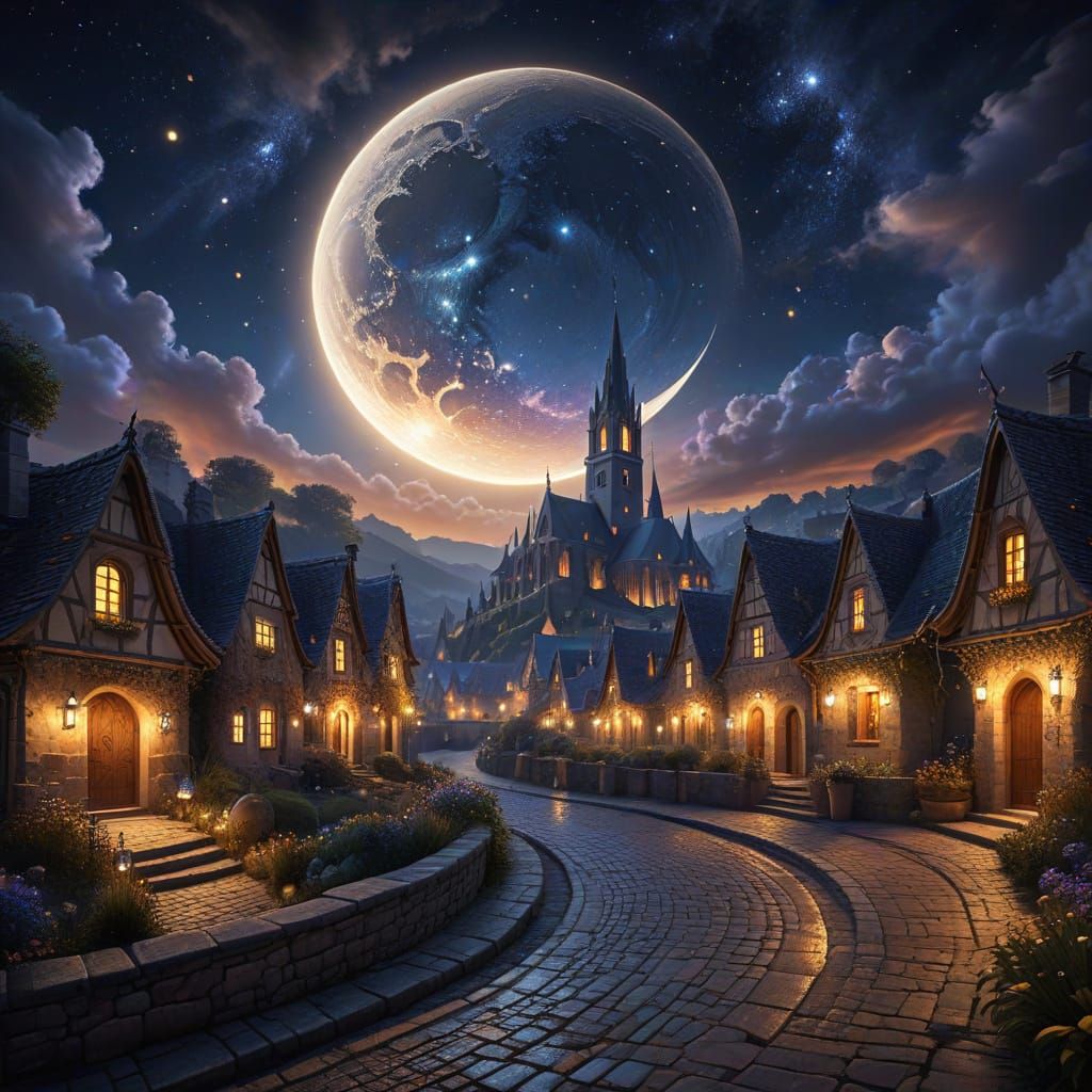 Majestic Crescent Moon Village in Ethereal Golden Hour