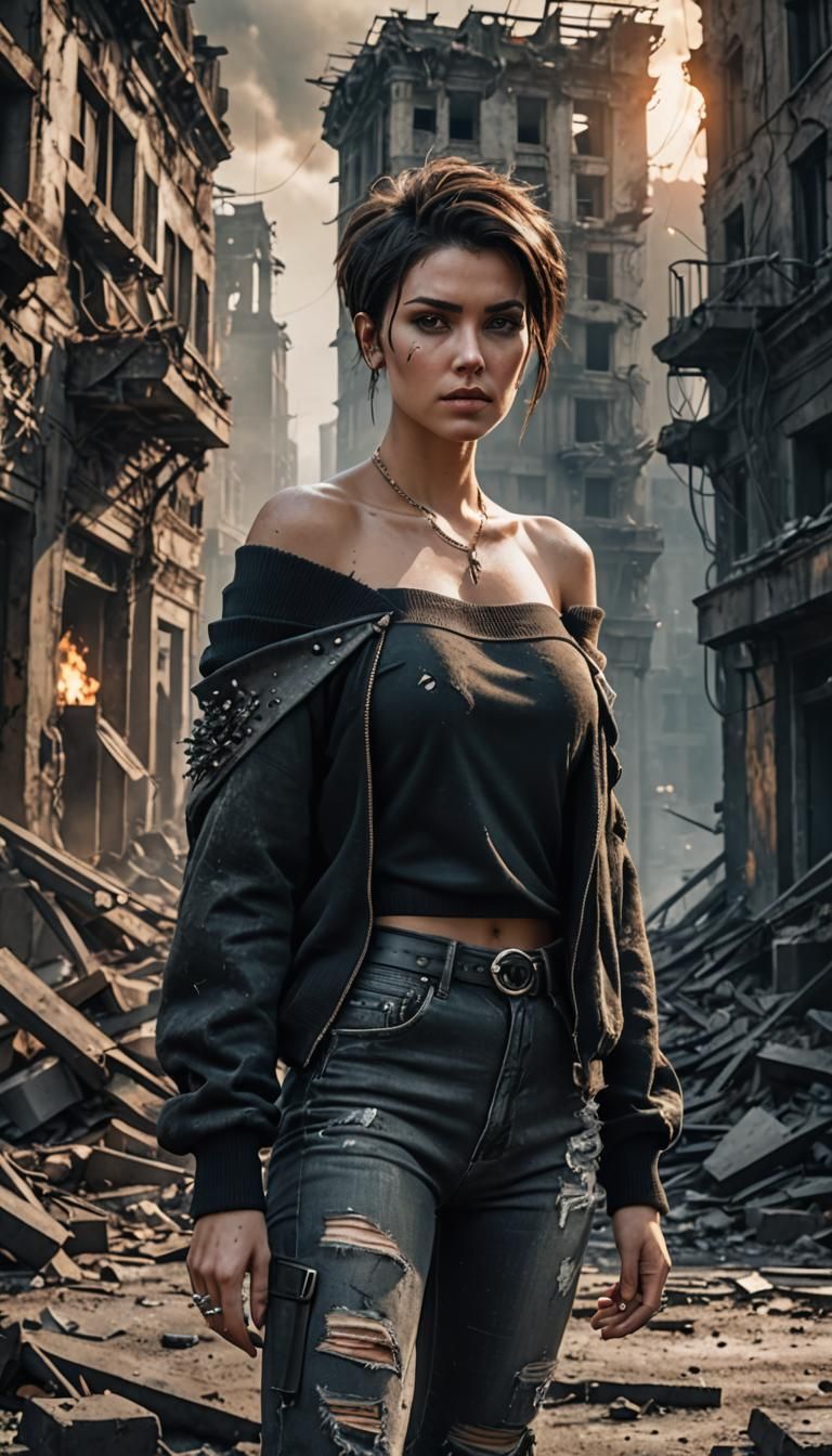 Apocalyptic Survivor Girl in Destroyed Cityscape