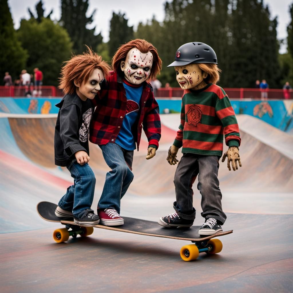 Horror Icons Skateboarding in a Halfpipe