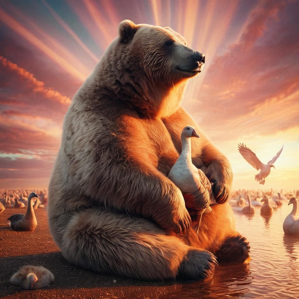 Kodiak Bear Cradling Goose in Sunset Light