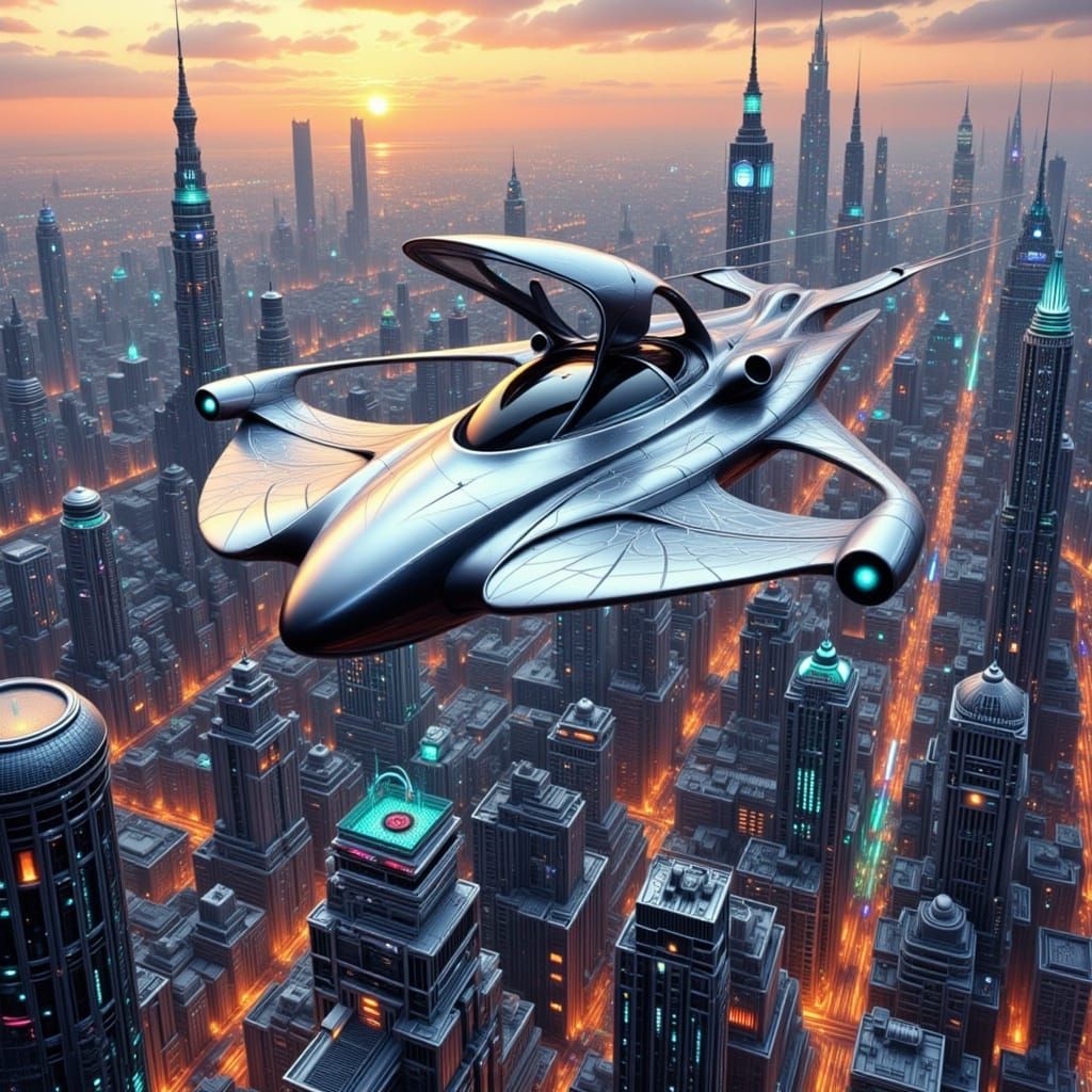 Futuristic Flying Car in Neon-Lit Metropolis