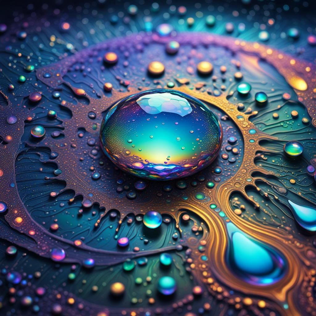 Iridescent Dew Drop: Cosmic Holographic Close-Up