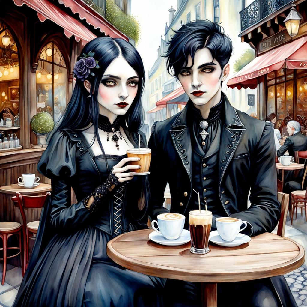 Cute Gothic Couple at Outdoor Cafe, Watercolor Style