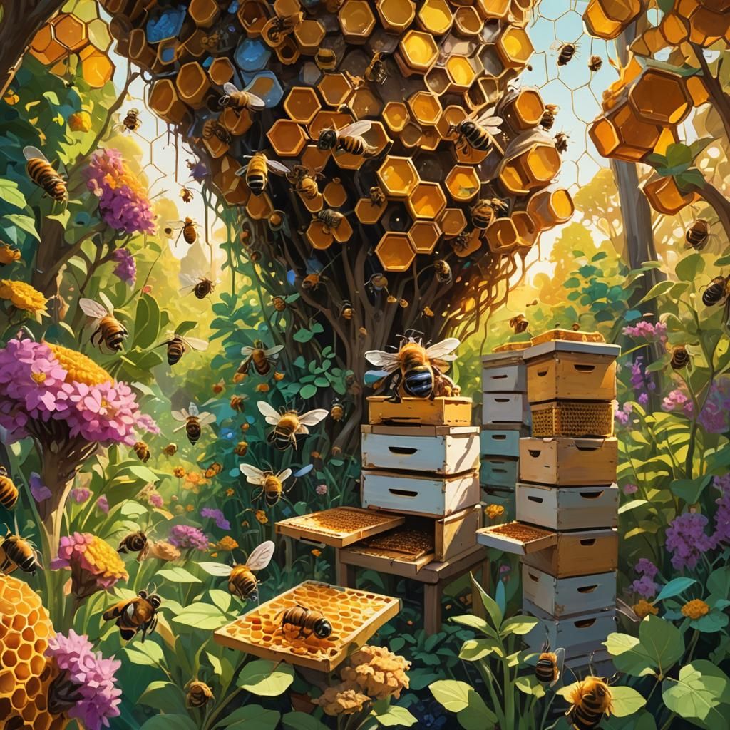 Bees and Beekeeper in Lush Garden, Digital Art