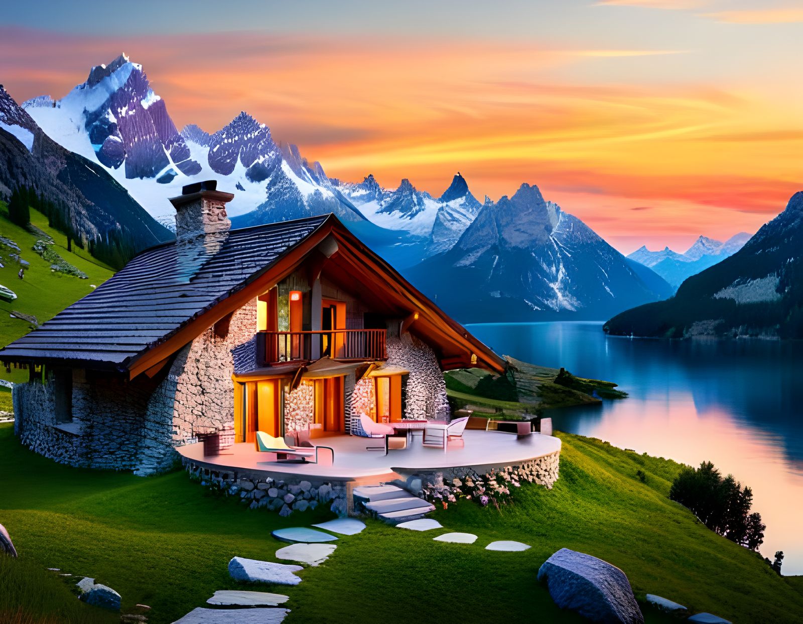 A beautiful cozy stone cabin on a mountain lake in the Alps ...