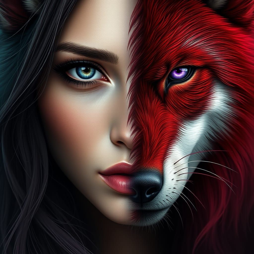 Ethereal Beauty: Half Human, Half Werewolf in Vibrant Fantas...