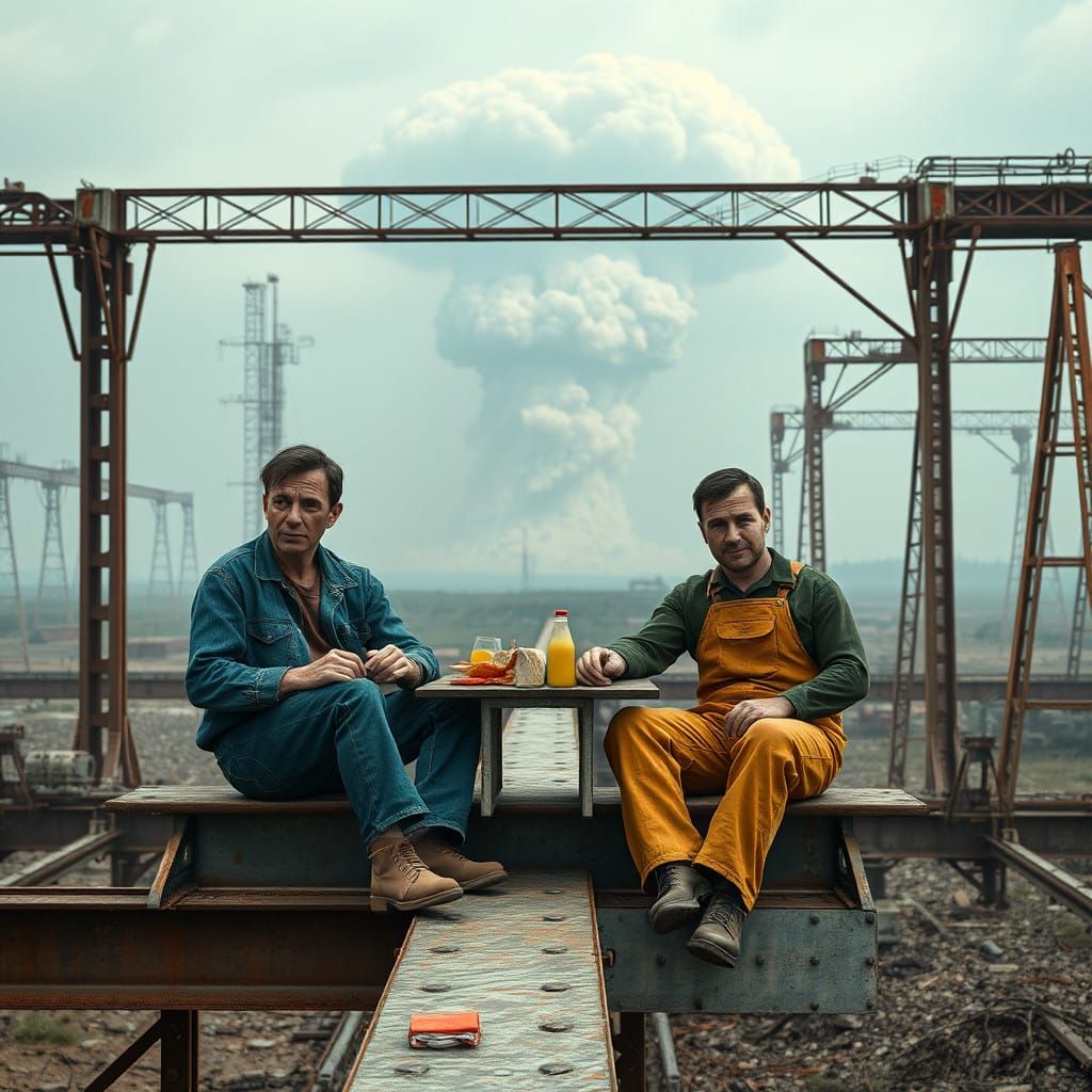 Men in Abandoned Manhattan Project Landscape, Ominous Mushro...