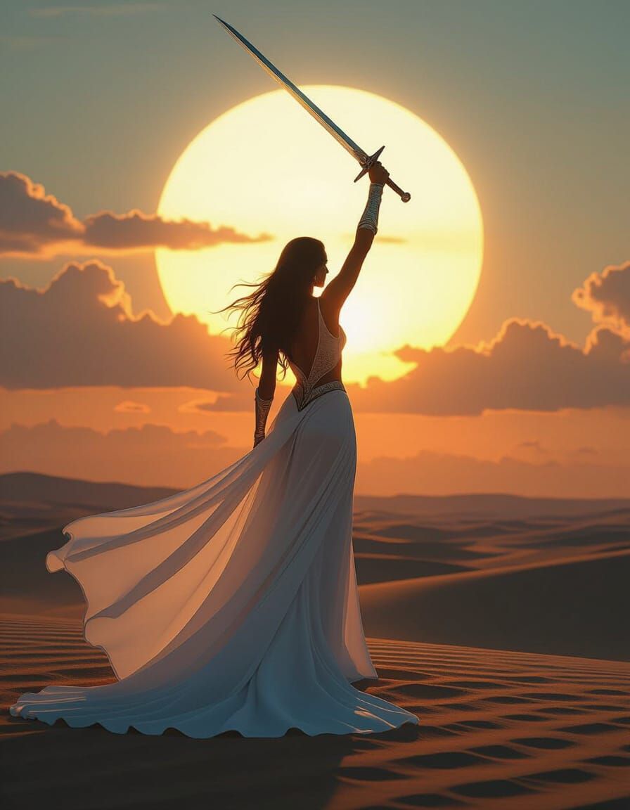 Warrior Woman in Flowing Dress Raises Sword at Sunset