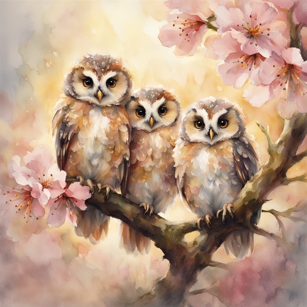 Whimsical Baby Owls on Cherry Blossom Tree in Watercolour St...