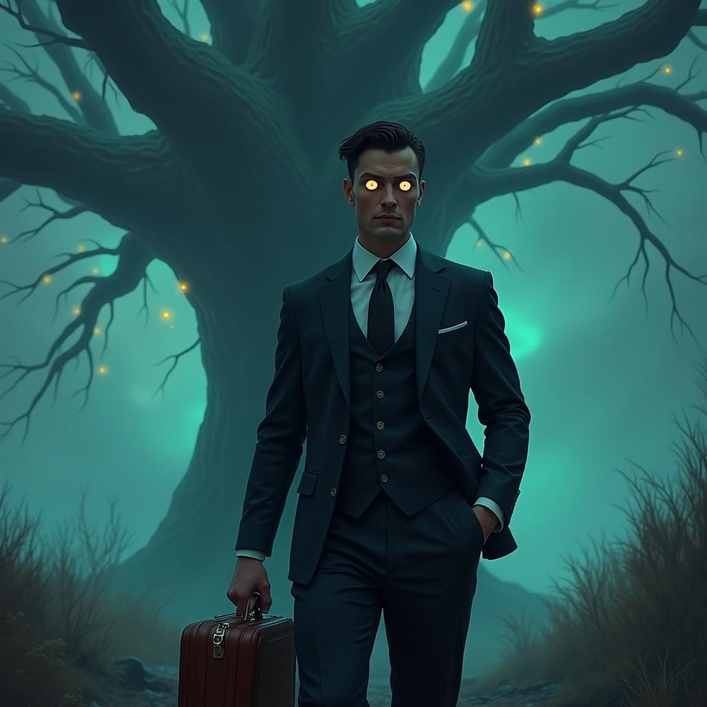 Man with Large Eyes in Mystical Landscape