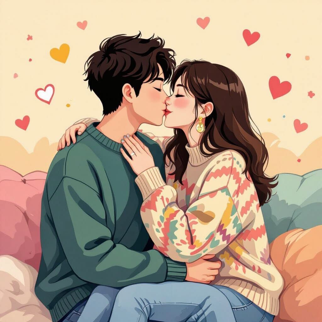 Romantic Kiss in Pastel Colors, Contemporary Digital Art