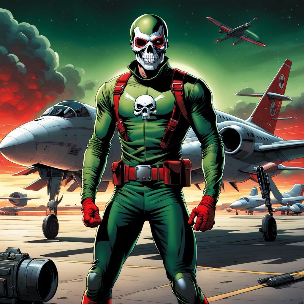 Green Skull Superhero on Airfield, Comic Book Art