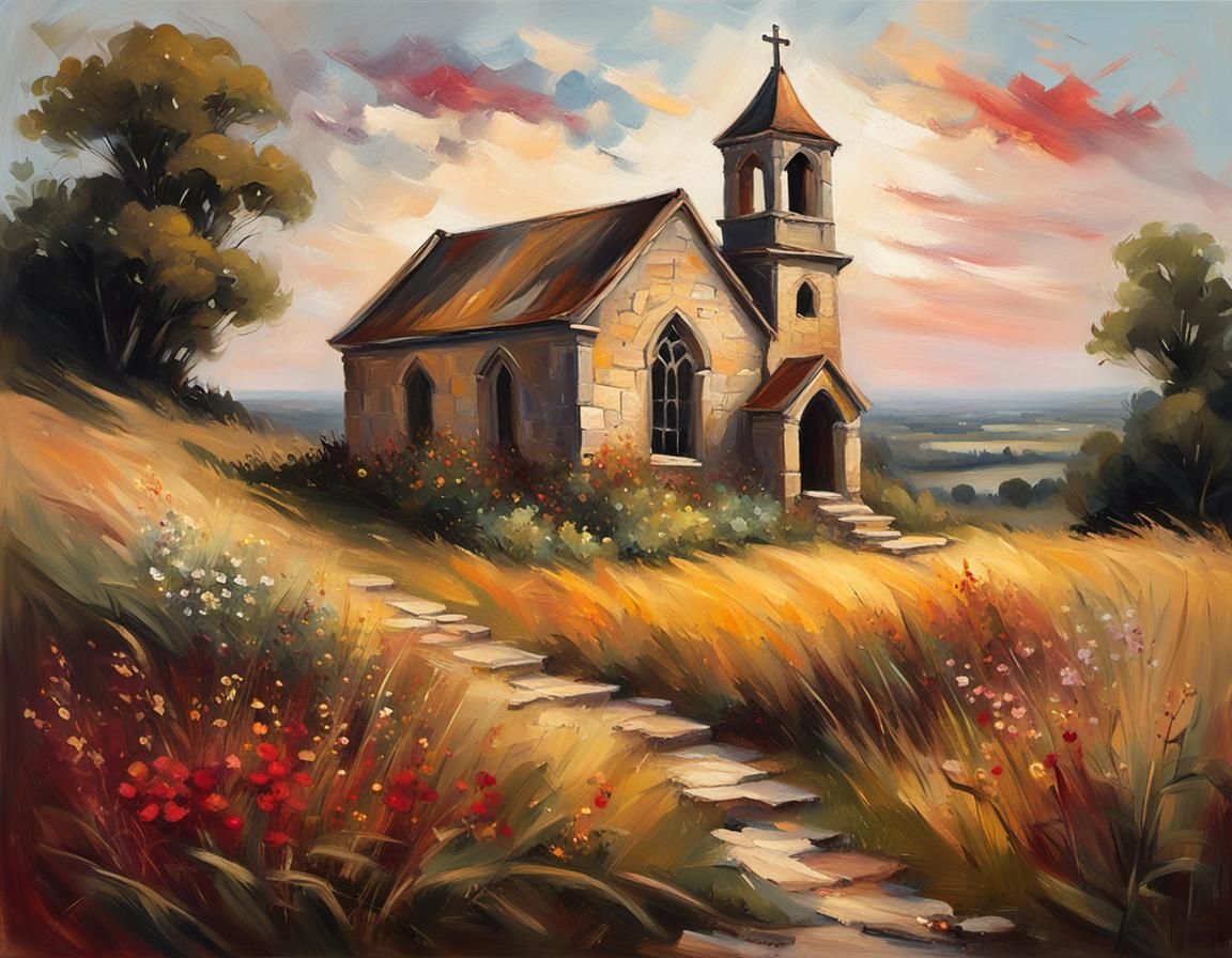 Forgotten Chapel on Hilltop: Impressionist Painting with Imp...
