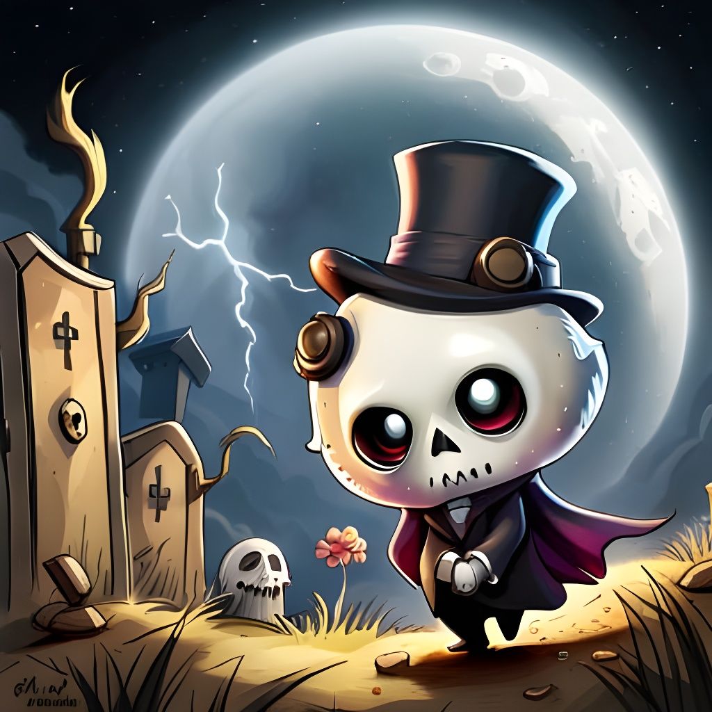 Chibi Ghost in Haunted Graveyard, Watercolor Street Art
