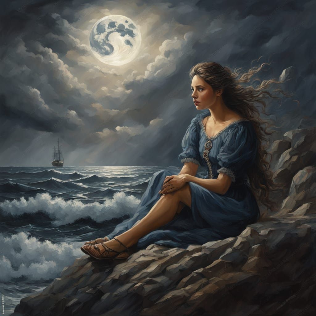 Victorian Woman with Lantern in Stormy Night