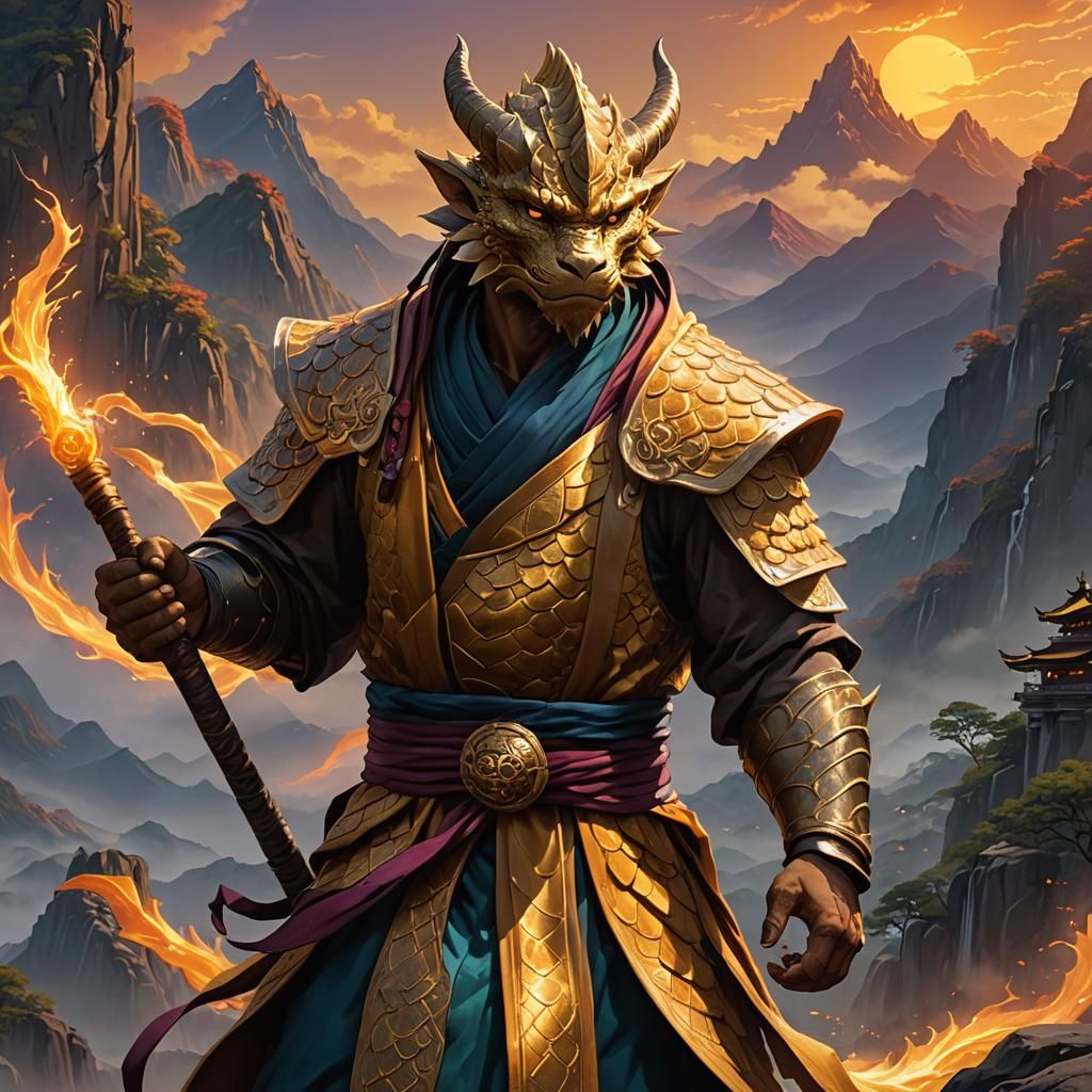 Heroic Dragonborn Monk in Anime Style