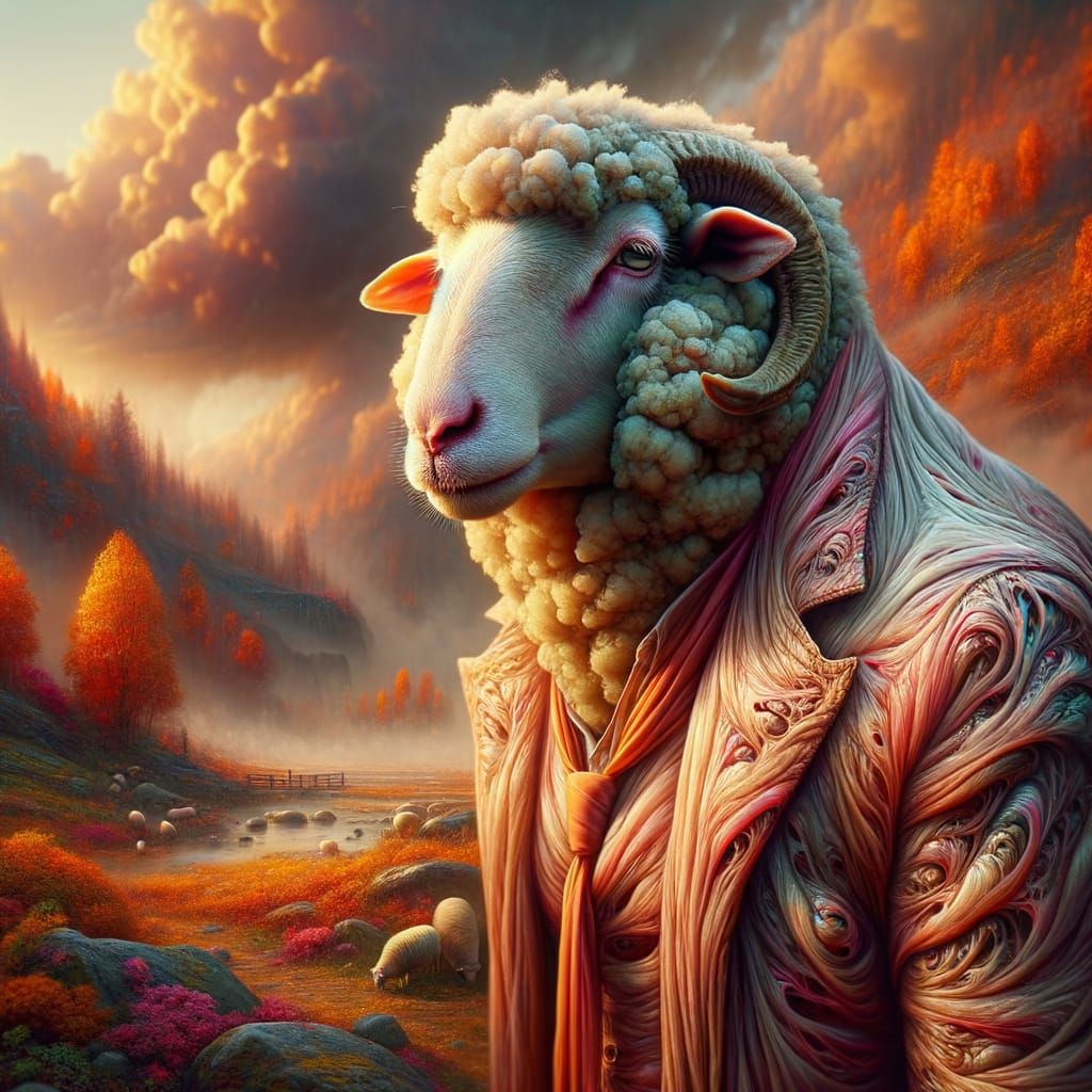 Surreal Sheep Wearing Human Skin Jacket