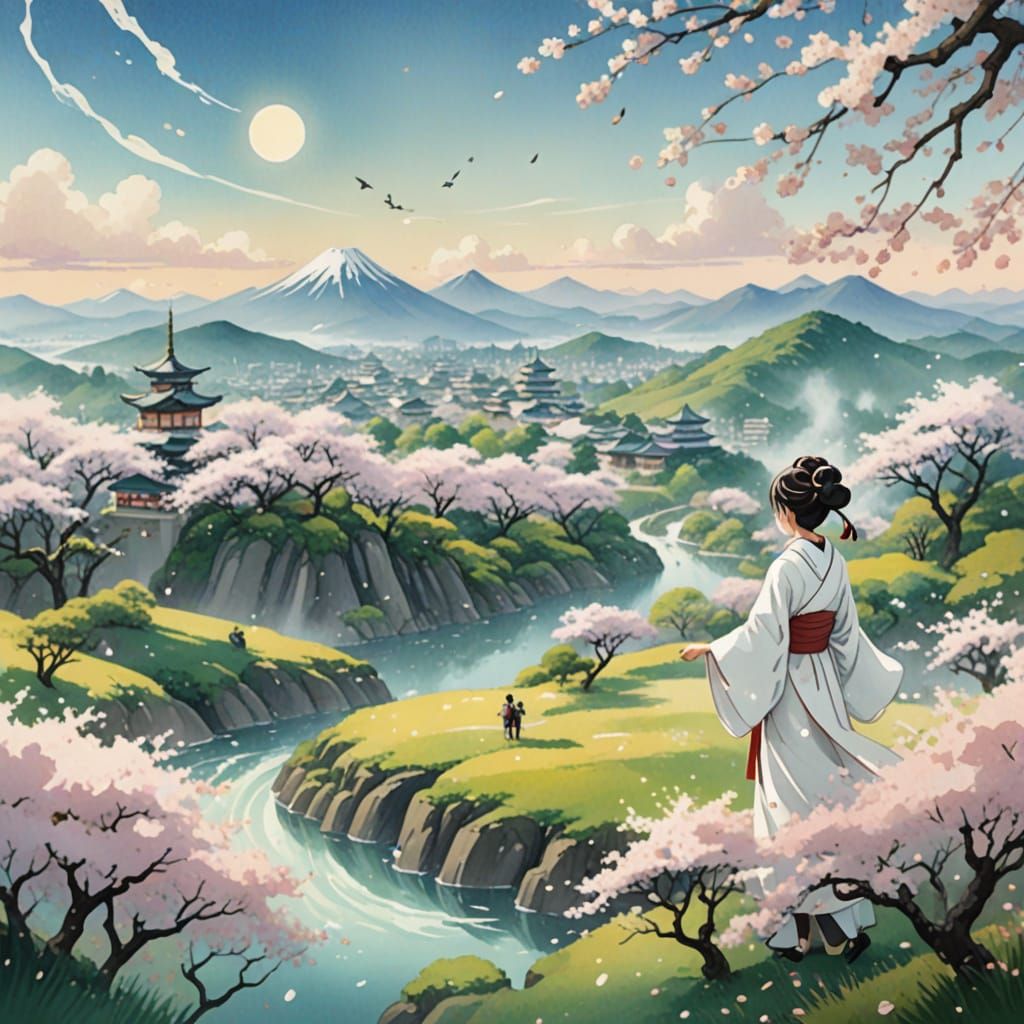 Ghibli-Style Whimsical Spirit Amidst Cherry Blossom Vortex