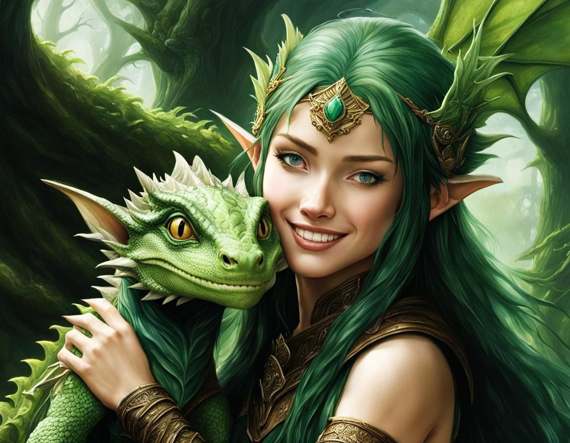 Joyful Elf and Dragon Portrait in Anime Style
