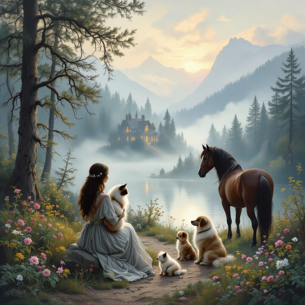 Ethereal Mist Landscape with Woman, Cat, and Dog