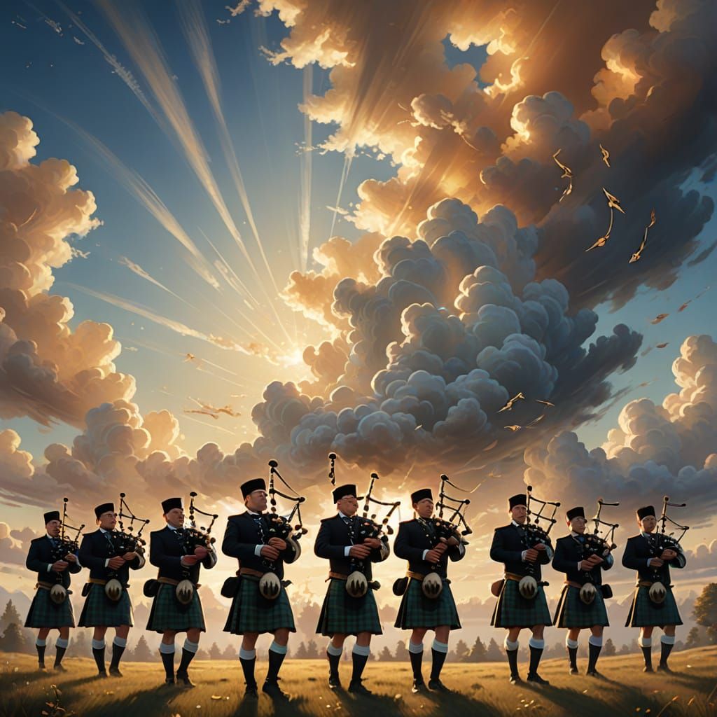Eleven Pipers Playing Bagpipes in Clouds
