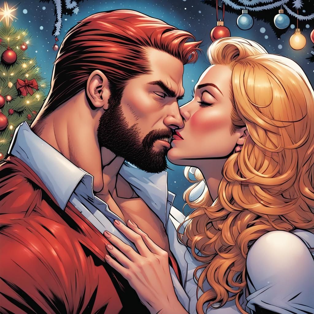 Passionate Christmas Kiss in Comic Book Style