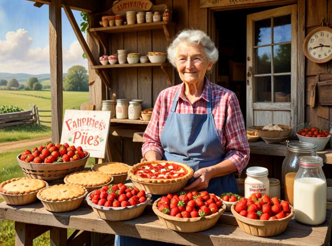 Watercolor Farmstand with Strawberries and Homemade Pies