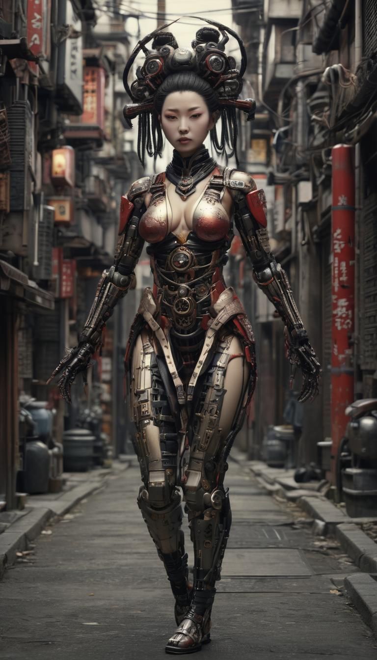 Japanesian Geisha Robot in Cyberpunk Alley