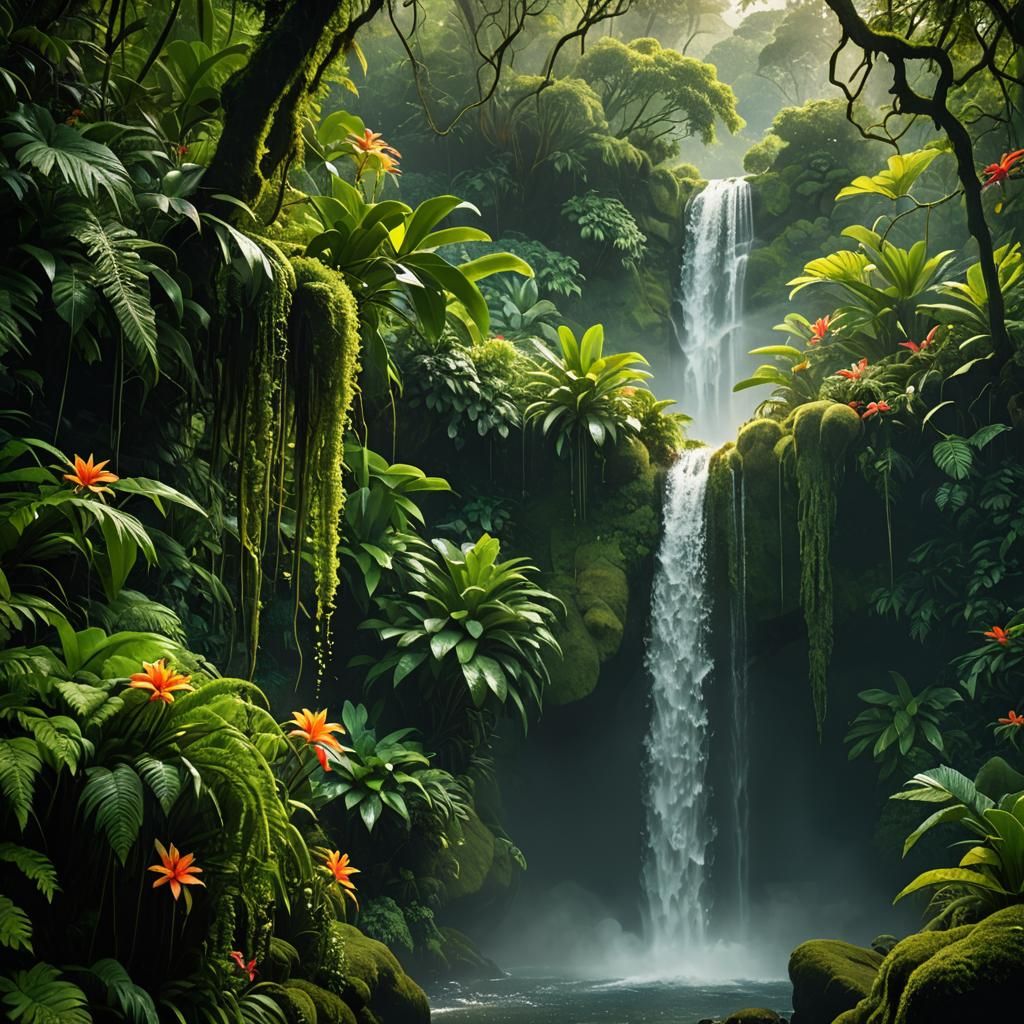 Lush Jungle Waterfall in Rousseau Style