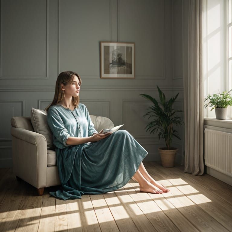 Woman in Quiet Moment: Softly Lit Cozy Room