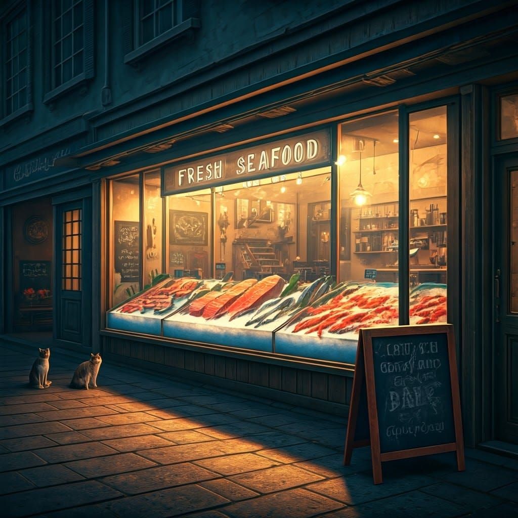 Cats outside a seafood store at night