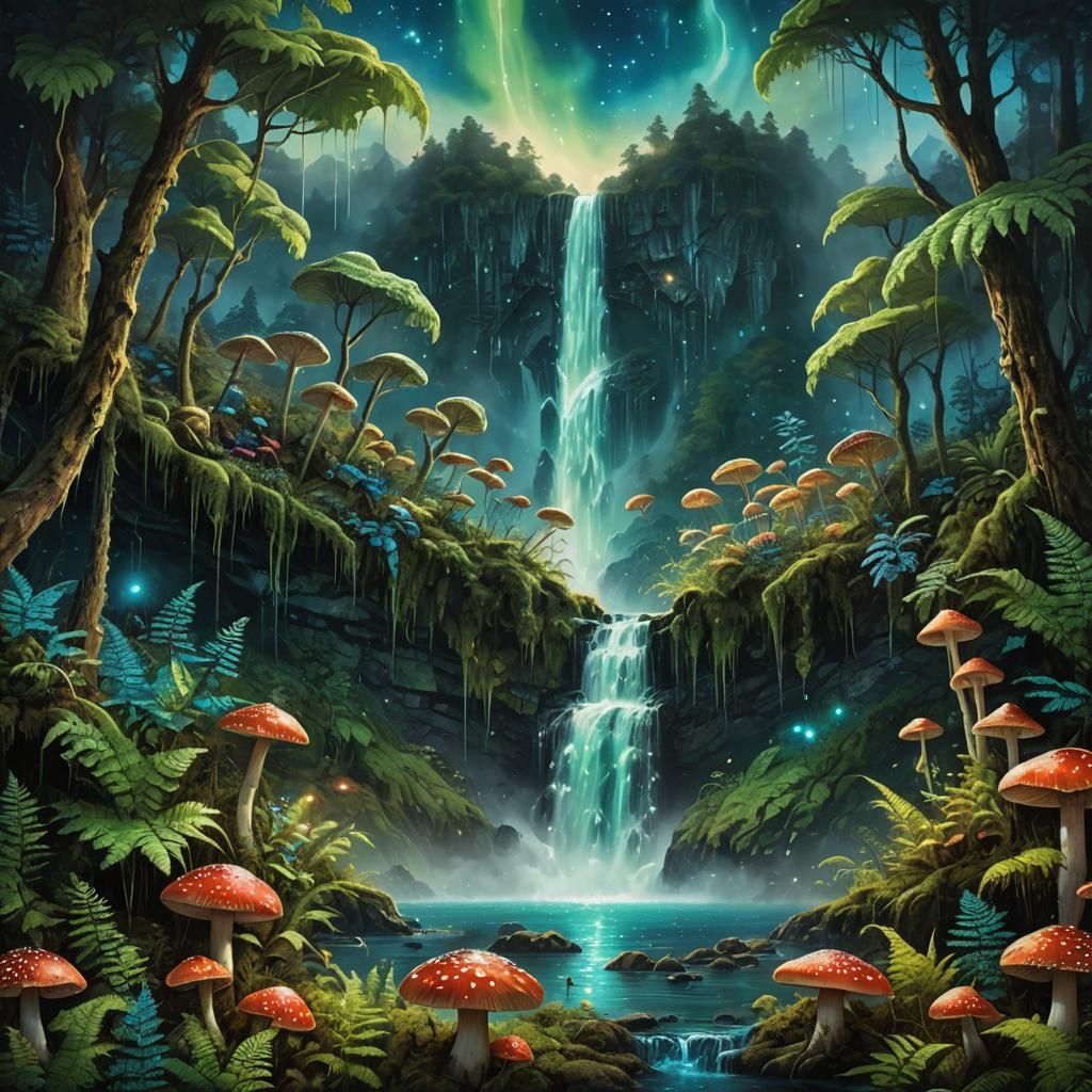 Glowing Waterfalls Cascade in Surreal Fantasy Landscape