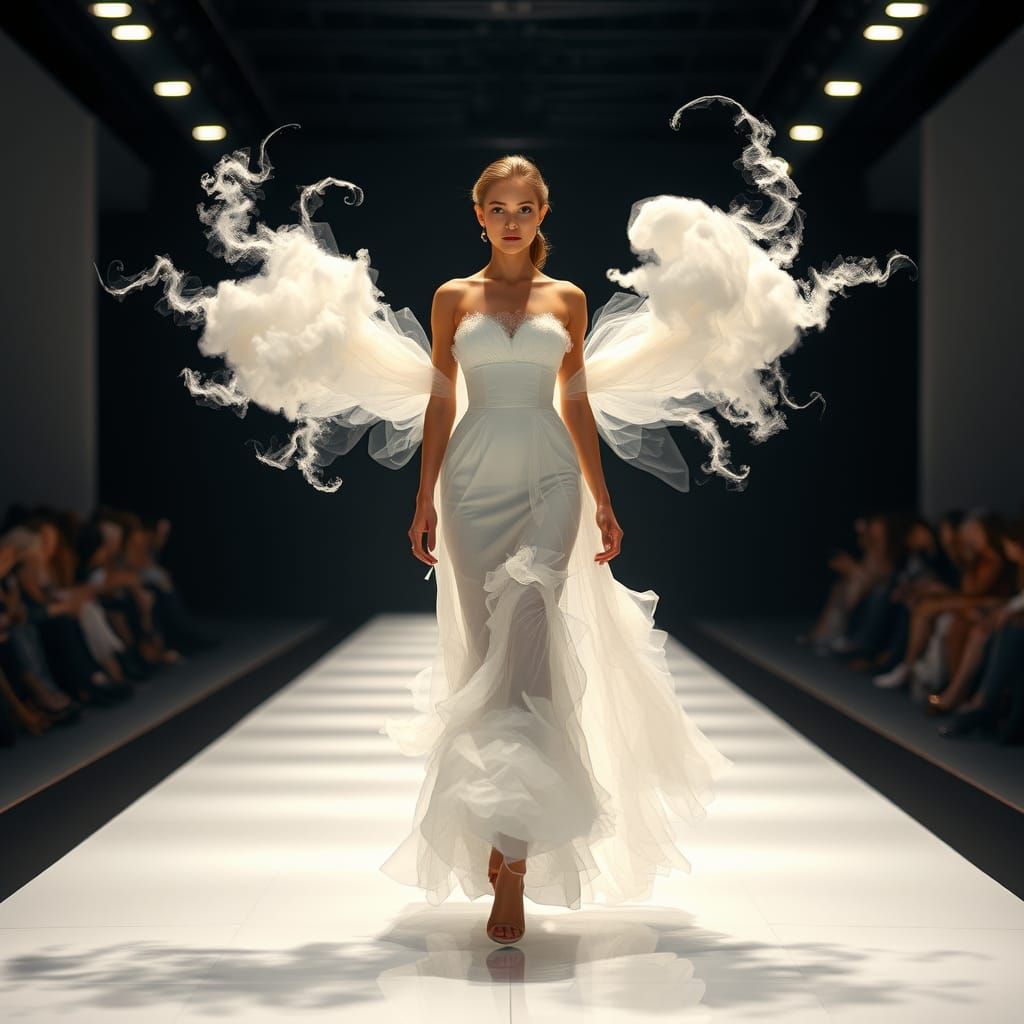 Ethereal Runway Model Rises on Whispers of Clouds