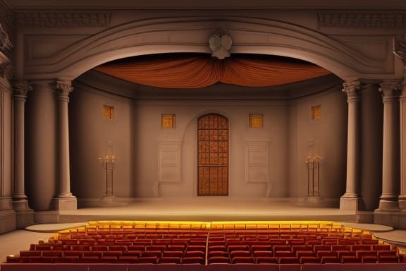 1600s opera theatre Pixar, Disney, concept art, 3d digital art, Maya 3D, ZBrush Central 3D shading, bright colored backg...
