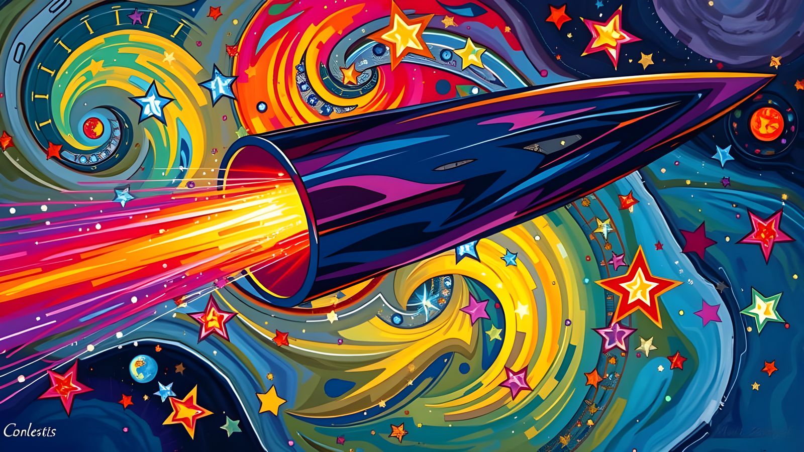 Iridescent Cylinder Soaring Through Kandinsky Stars