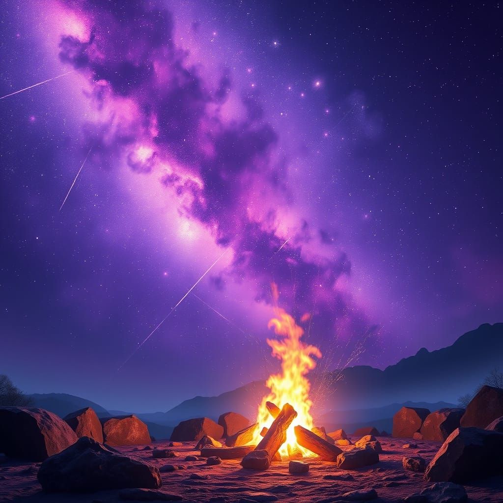 Mystical Galaxy Fire Pit Under Starry Purple Night Sky